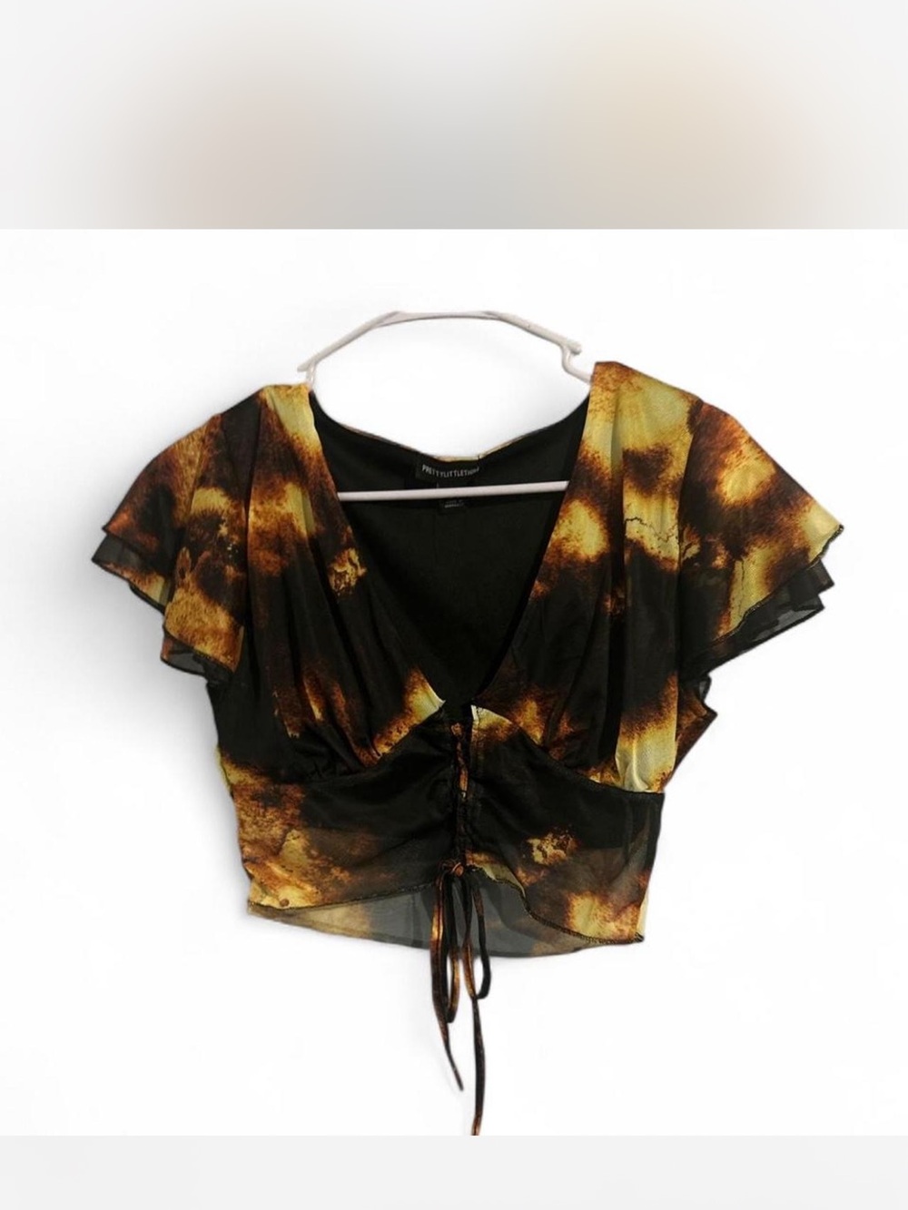 PrettyLittleThing Black and Gold Tie-Front V-Neck Crop Top